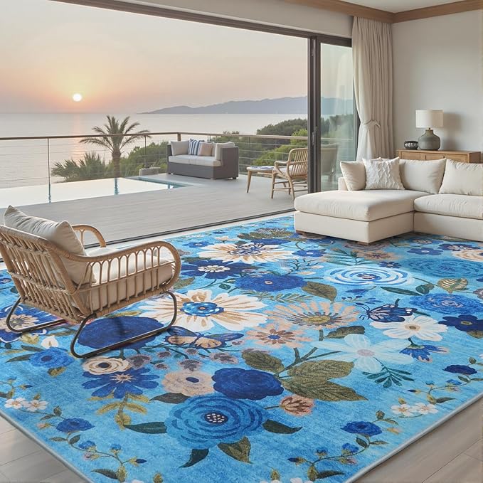 Area Rugs 10x14 Living Room, Non Slip Machine Washable Floral Rugs, Low Pile by WelcometoBabovid
