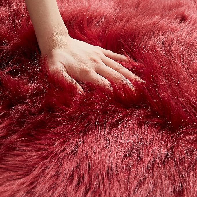 AMTOVO Faux Fur Sheepskin Rug for Living Room, 4 x 6 ft Burgundy Fluffy Area - Image 9
