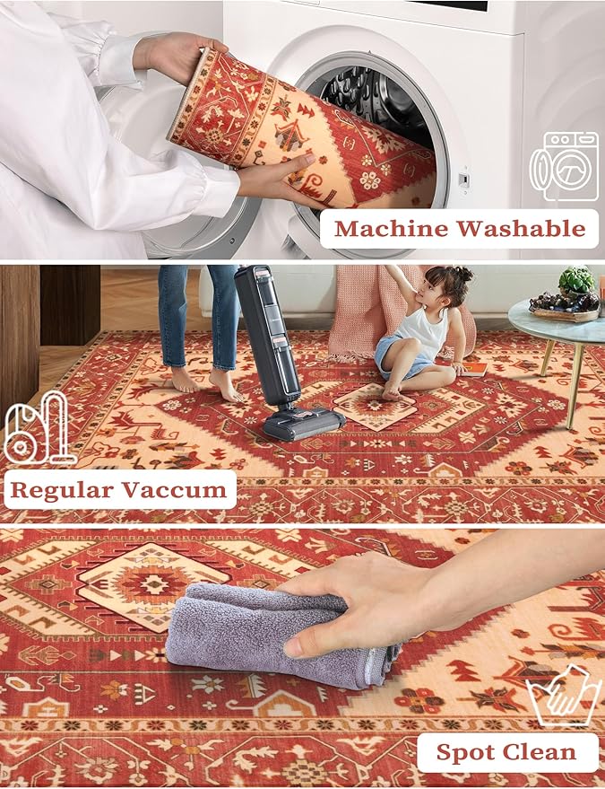 SERISSA Boho Washable Runner Rug, 2x5 Rug Runner Non-Slip Vintage Red Hallway - Image 2