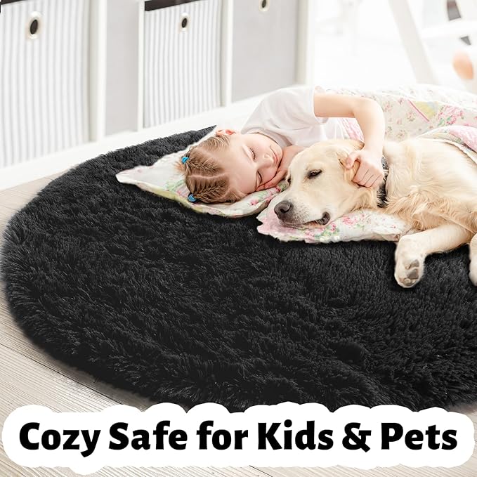 Black Round Rug 4Ft for Bedroom, Fluffy Circle Area Rugs for Living Room Decor - Image 4