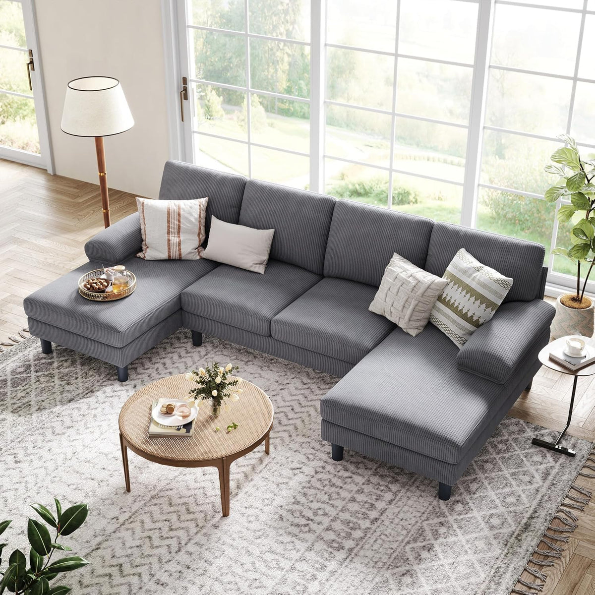 LINSY HOME Sectional Couch, 105'' W Corduroy U Shaped Sofa with Sleepable Armrests, 4 Seat Couch with Double Chaises, Deep Sofa for Living Room（Grey）