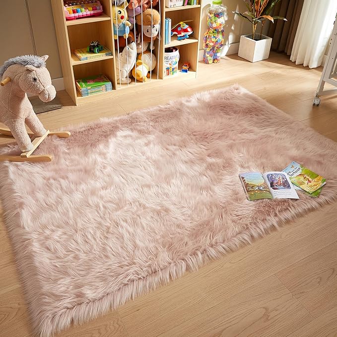 AMTOVO Faux Fur Sheepskin Rug for Living Room, 4 x 6 ft Pink Fluffy Area Rug - Image 3