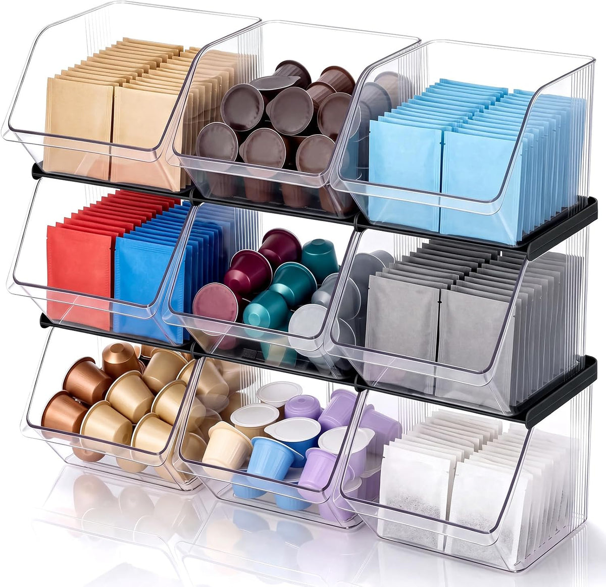 6 Pcs Stackable Plastic Storage Bins, Open Front, Black