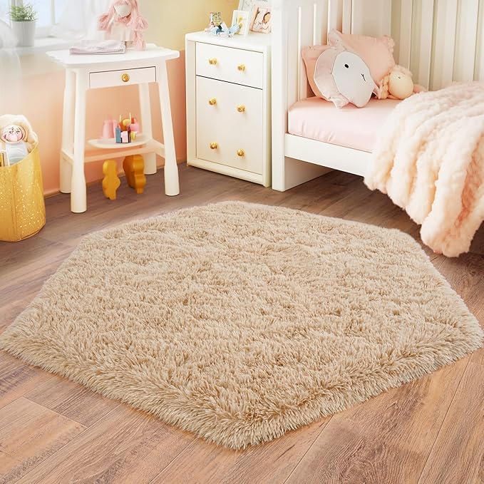 4x4.6 Feet Beige Hexagon Rugs for Princess Tent, Ultra Soft Fluffy Hexagon Area - Image 3