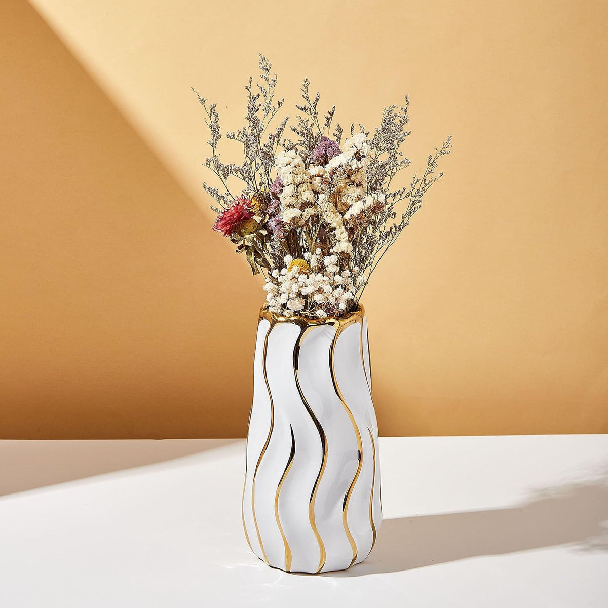 White Ceramic Vase for Home Decor,Decorative Flower Vase, Vertical Stripe Ceramic Vases for Home Décor, Bedroom, Office, Living Room, Bathroom, Tabletop Decor, Centerpiece (White)
