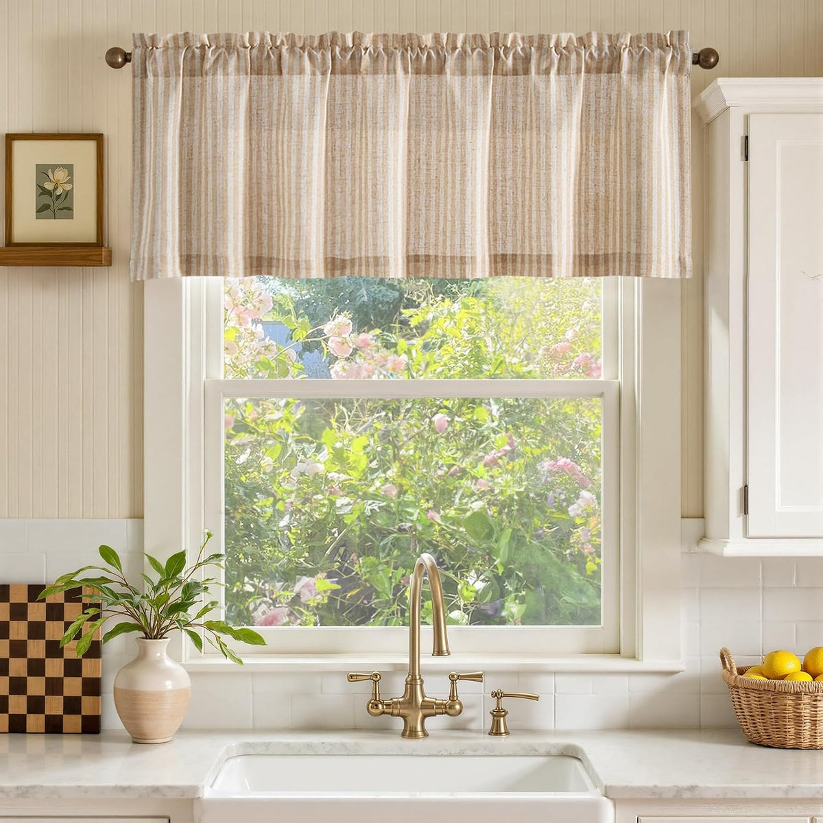 jinchan Linen Boxter Stripe Valances for Window 50 x 16 inch, Tan,1 Panel