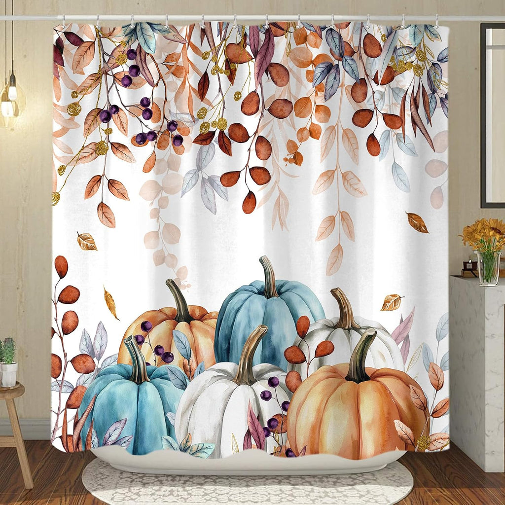 Fall Pumpkin Leaves Shower Curtain, Cute Autumn Harvest Thanksgiving Yellow Boho Watercolor Eucalyptus Leaves Fabric Shower Curtains Set for Bathroom Decorative with Hooks 72 X 72 Inch Bath Decor