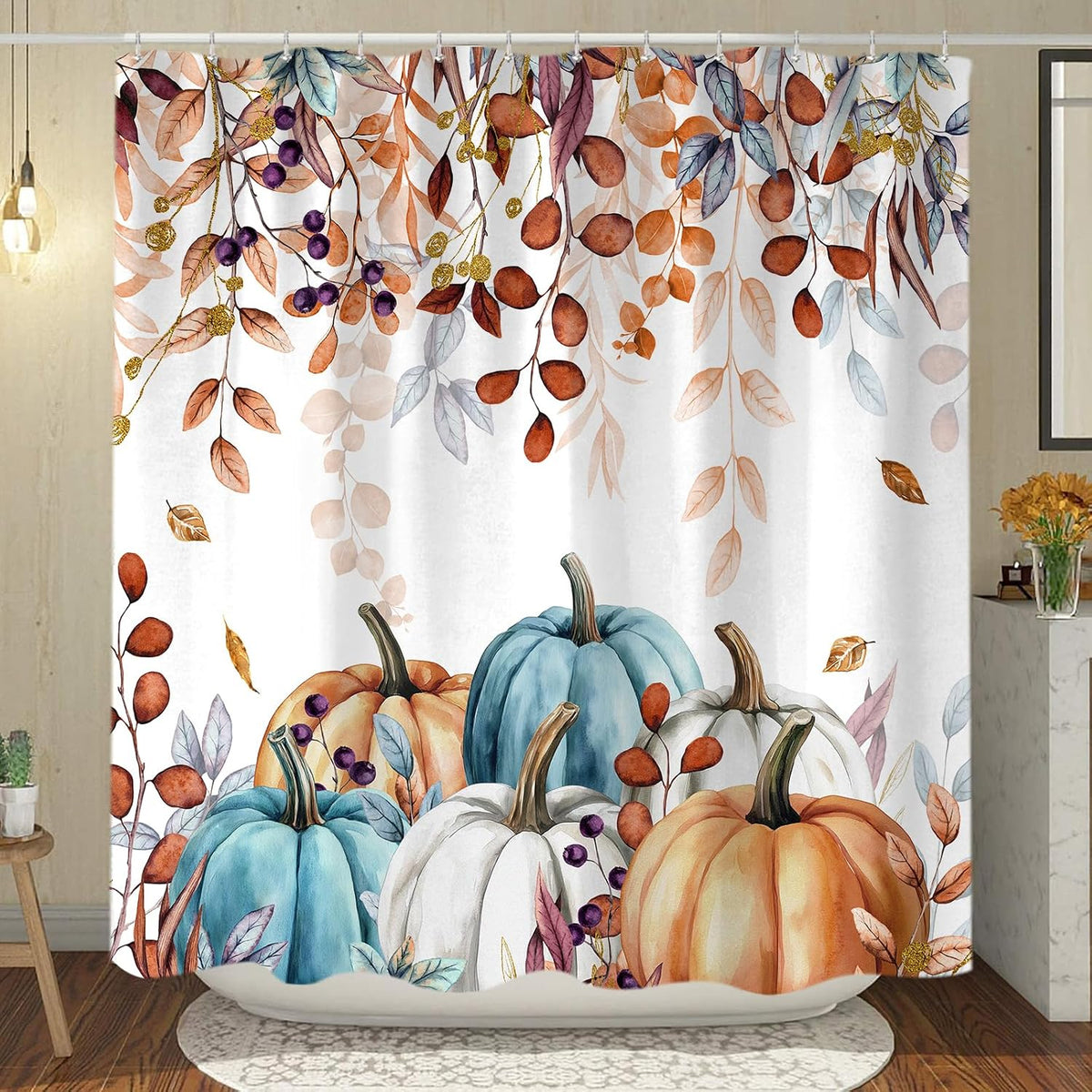 Fall Pumpkin Leaves Shower Curtain, Cute Autumn Harvest Thanksgiving Yellow Boho Watercolor Eucalyptus Leaves Fabric Shower Curtains Set for Bathroom Decorative with Hooks 72 X 72 Inch Bath Decor