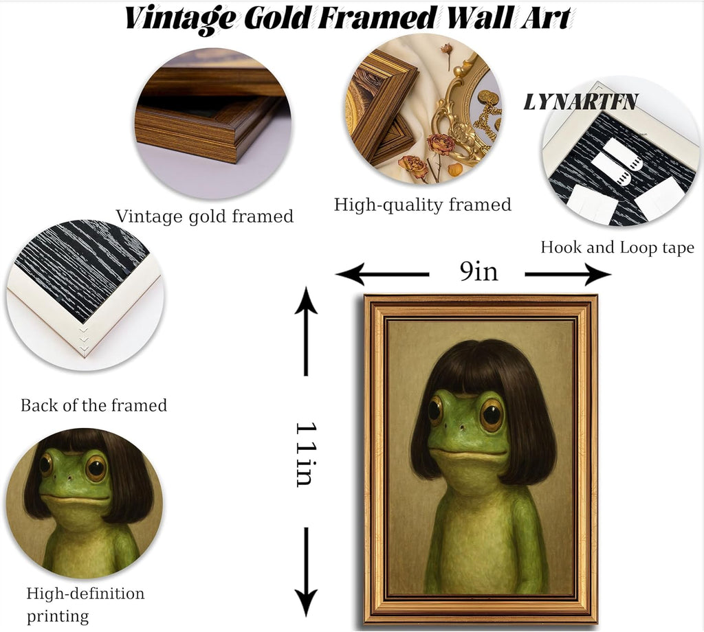 Vintage Gold Framed-Whimsical Frog Wall Art,Eclectic Frog Canvas Prints,Retro Animal Picture Artwork Wall Decor for Living Room Bedroom Bathroom 9x11-inch