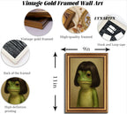Vintage Gold Framed-Whimsical Frog Wall Art,Eclectic Frog Canvas Prints,Retro Animal Picture Artwork Wall Decor for Living Room Bedroom Bathroom 9x11-inch