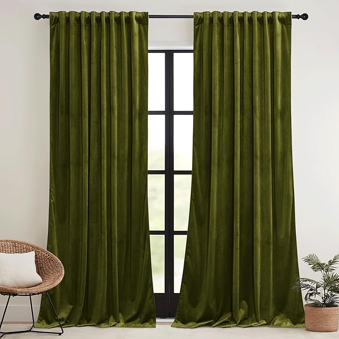 RYB HOME Moss Green Velvet Curtains 63 inches - Image 2