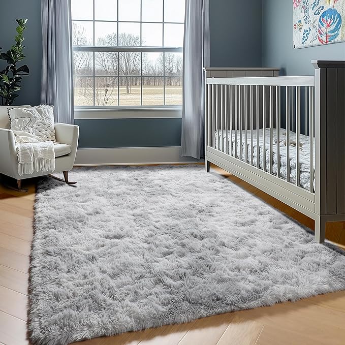 ONASAR Area Rugs for Bedroom Living Room, 4x6 Tie-Dyed Light Grey Fluffy Shaggy - Image 7