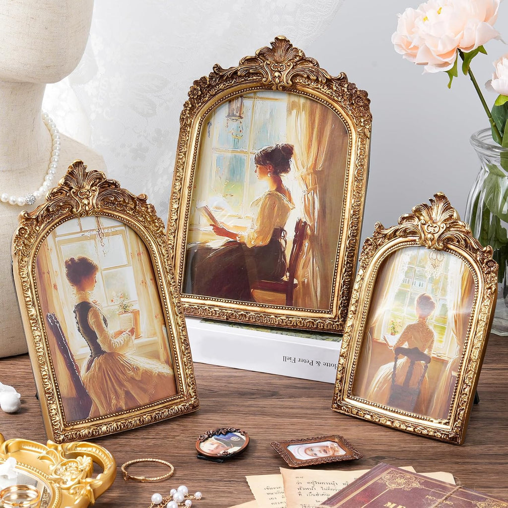 3 Pcs Vintage Picture Frames Antique Set, Ornate Gold Baroque Photo Frames with Real Glass for Tabletop and Wall Mount Ornate, Retro Home Decor and Wall Art (4x6, 5x7, 6x8)