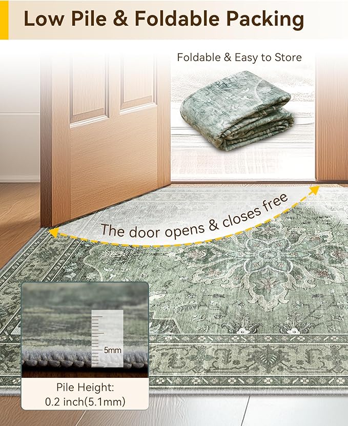 Area Rugs 4'x5' Washable Non-Slip, Floral Vintage Distress Print Pattern - Image 4
