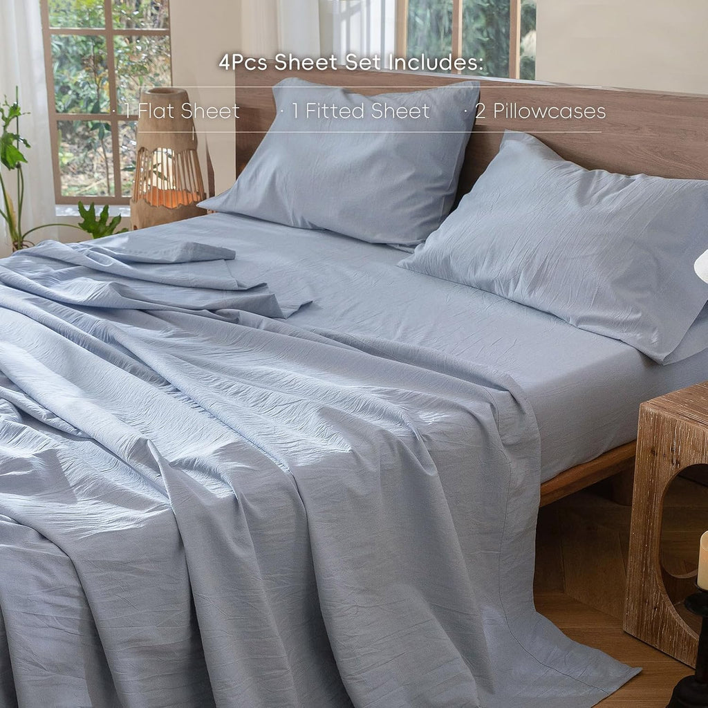 MooMee Sheet Set 100% Washed Cotton Linen-Like Extra Deep Pocket Queen