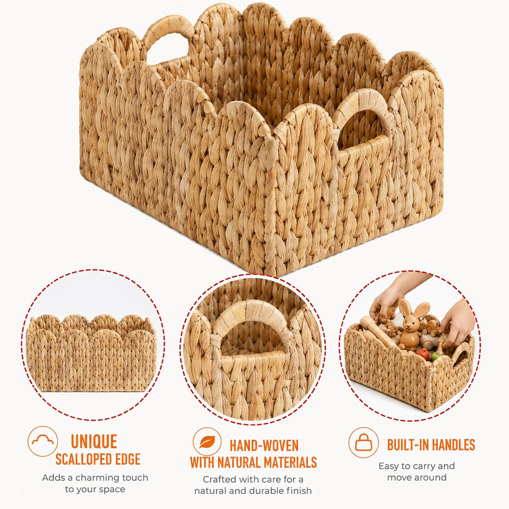 Set of 2 Scalloped Edge Wicker Storage Basket with Built-in Handles