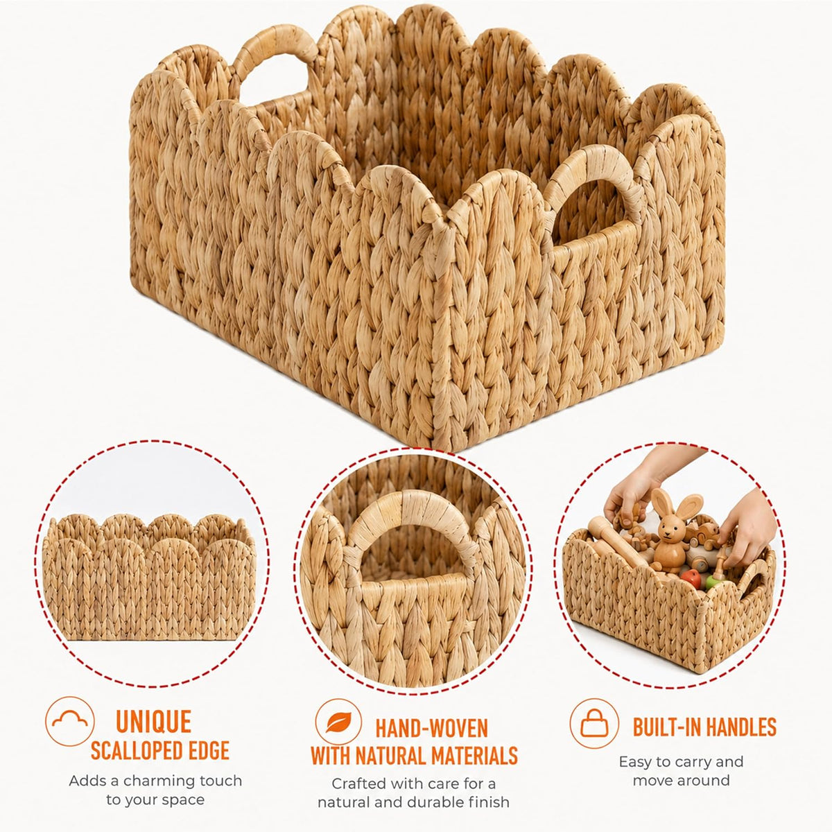 Set of 2 Scalloped Edge Wicker Storage Basket with Built-in Handles
