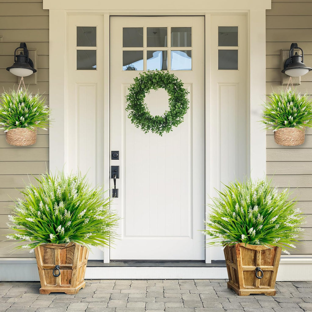 Sggvecsy 24 Bundles Artificial Plants Outdoor Faux Lavender Flowers Fake Monkey Grass UV Resistant Plastic Greenery Plants for Garden Home Porch Window Patio Hanging Planter Indoor Decor (White)