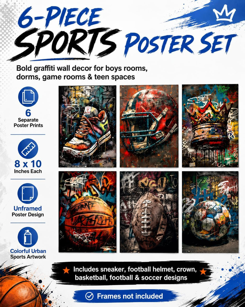 Sports Graffiti Wall Art, Basketball Football Wall Decor, Set of 6,8x10 in