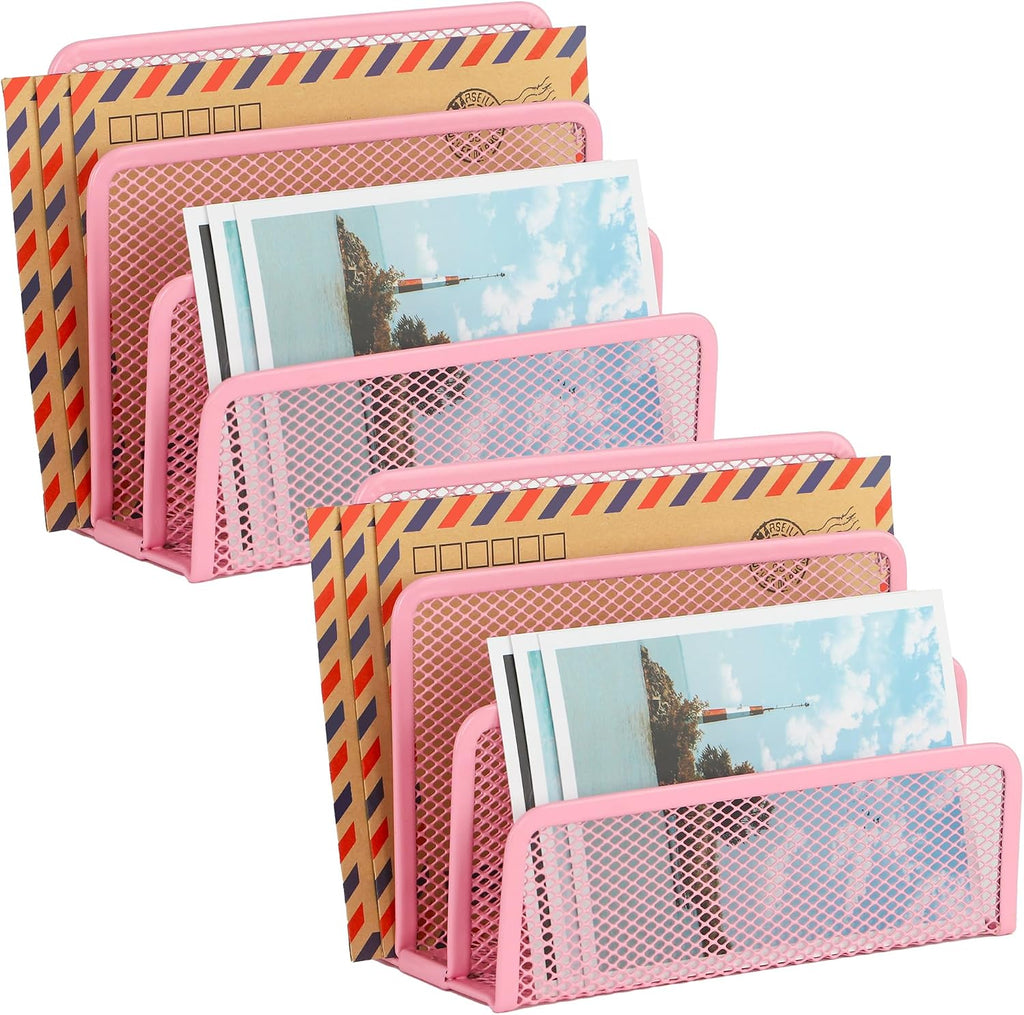 Desk Mail Organizer, Office Small Desktop Metal Mesh Envelope Letter Sorter Paper File Holder Organizer with 3 Vertical Upright Compartments, Pink 2 Pack