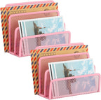 Desk Mail Organizer, Office Small Desktop Metal Mesh Envelope Letter Sorter Paper File Holder Organizer with 3 Vertical Upright Compartments, Pink 2 Pack
