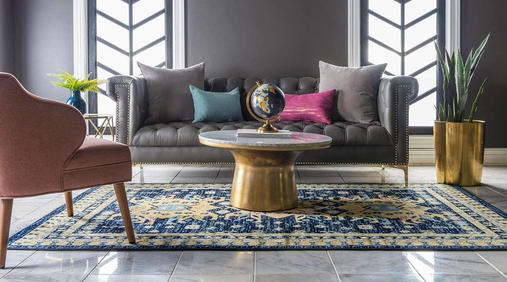 Unique Loom Taftan Collection Border Geometric Tribal Inspired Design Area Rug (4' 0 x 6' 0 Rectangular, Navy Blue/ Gold)
