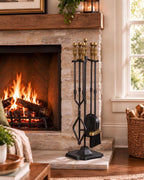 Antique Brass Fireplace Tools Set, Heavy-Duty Wrought Iron 5 Pcs