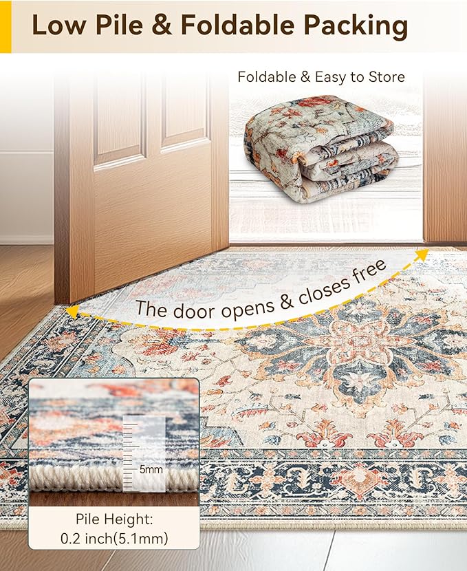Area Rugs 4'x6' Washable Non-Slip, Floral Vintage Distress Print Pattern - Image 4