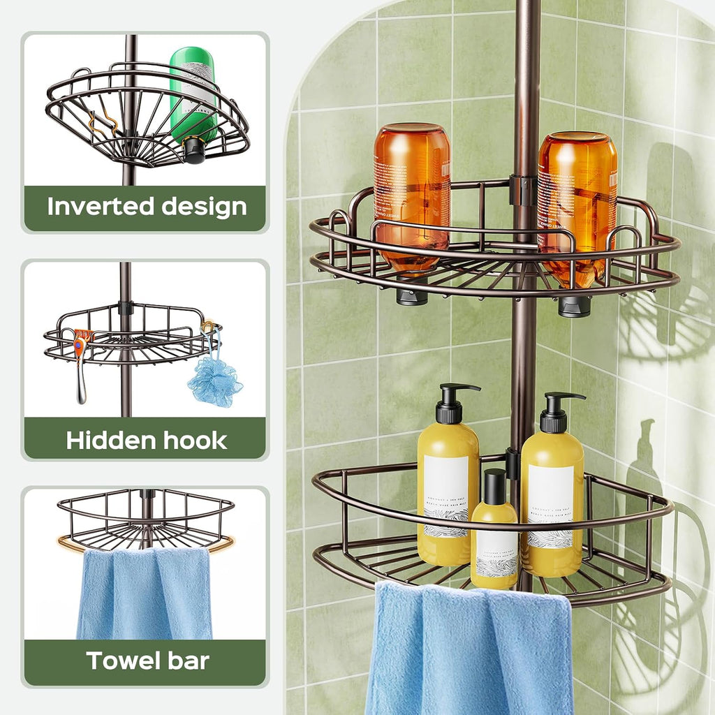 HAMITOR Corner Bathroom Organizer, 4-Tier Tension Pole Shower Caddy, Bronze
