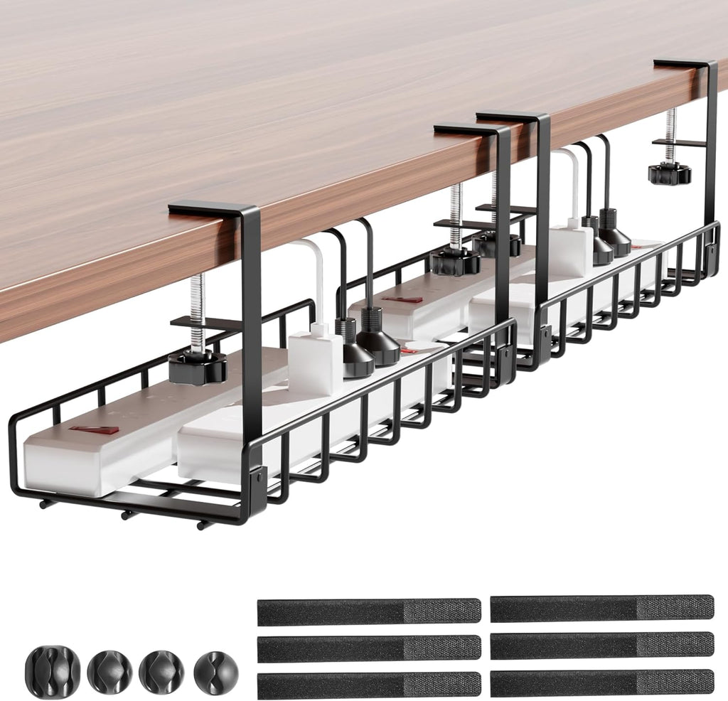 Under Desk Cable Management Tray, Xpatee Upgraded Wire Management No Drill No Screws, Cable Tray with Clamp for Wire Organizers, Computer Cord Rack for Office, Home - No Damage to Desk White