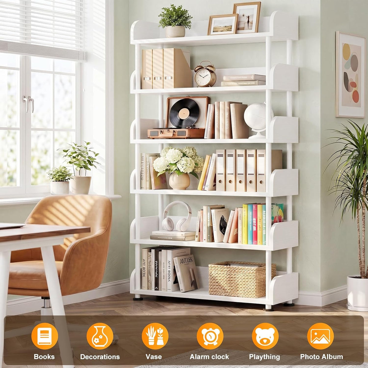 Aheaplus 6-Tier Tall Open Bookshelf, 31.5" Modern Display Bookcase Shelf with Top Edge and Pipe Metal Frame, Industrial Standing Bookshelves Storage Rack Organizer for Living Room, Home Office, White