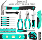 Amazon Basics 104-Piece Home Repair Household Tool Set with Easy Carrying Round Pouch, Portable Hand Tool Kit, Turquoise, 14.4 x 11.4 x 3 inches