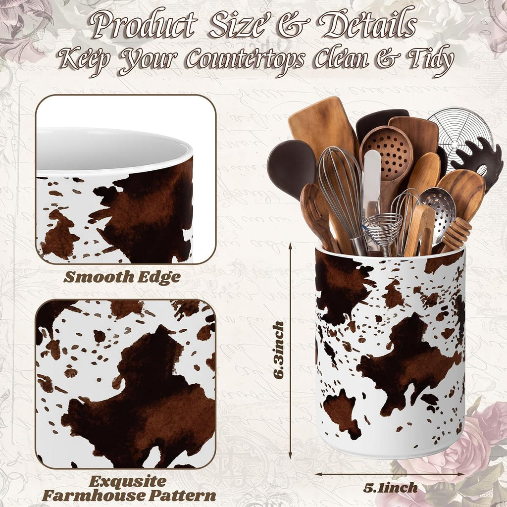 Potchen Western Cowhide Ceramic Utensil Holder 6.3 Inch Cowboy Rustic Kitchen Utensil Crock Vintage Countertop Storage Organizer Container for Spatulas Spoons Home Cooking Decoration