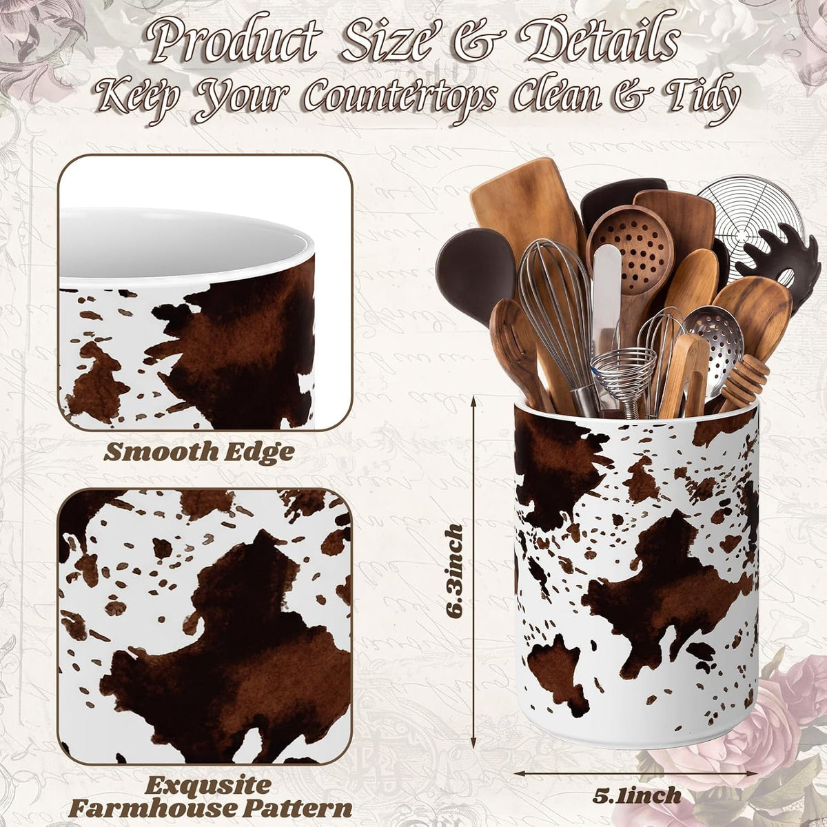 Potchen Western Cowhide Ceramic Utensil Holder 6.3 Inch Cowboy Rustic Kitchen Utensil Crock Vintage Countertop Storage Organizer Container for Spatulas Spoons Home Cooking Decoration