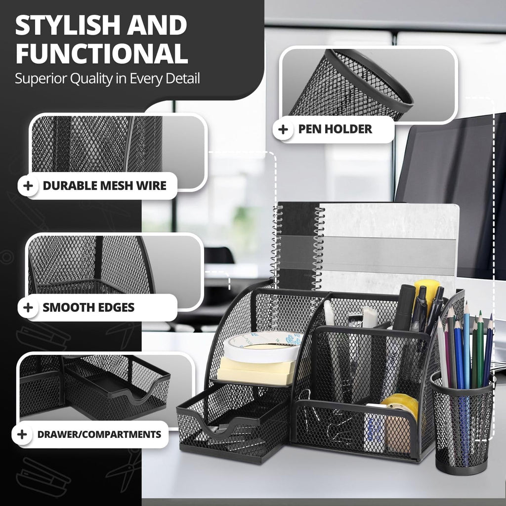 Flexzion Desk Caddy Organizer Set (Black) - Metal Mesh Desktop Caddy with Drawers, 6 Compartments, and Pencil Holder for Women & Men - Desktop Organizer and Storage for Work or Office Supplies