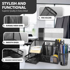 Flexzion Desk Caddy Organizer Set (Black) - Metal Mesh Desktop Caddy with Drawers, 6 Compartments, and Pencil Holder for Women & Men - Desktop Organizer and Storage for Work or Office Supplies