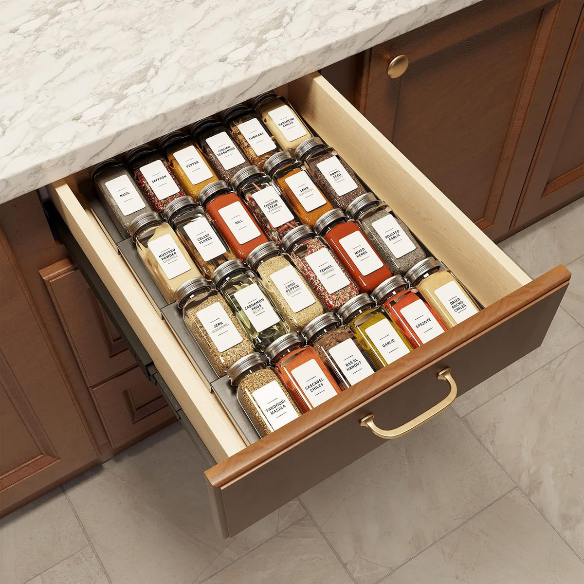 SpaceAid Pull Out Spice Rack Organizer for Cabinet, 2 Drawers 2-Tier, 24 Pcs Spice Jars with Labels