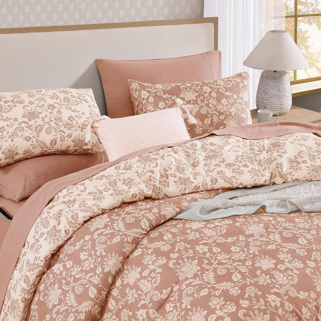BLOOMHAVEN Queen Comforter Set-7 Pieces Pink Floral Bed in a Bag Queen