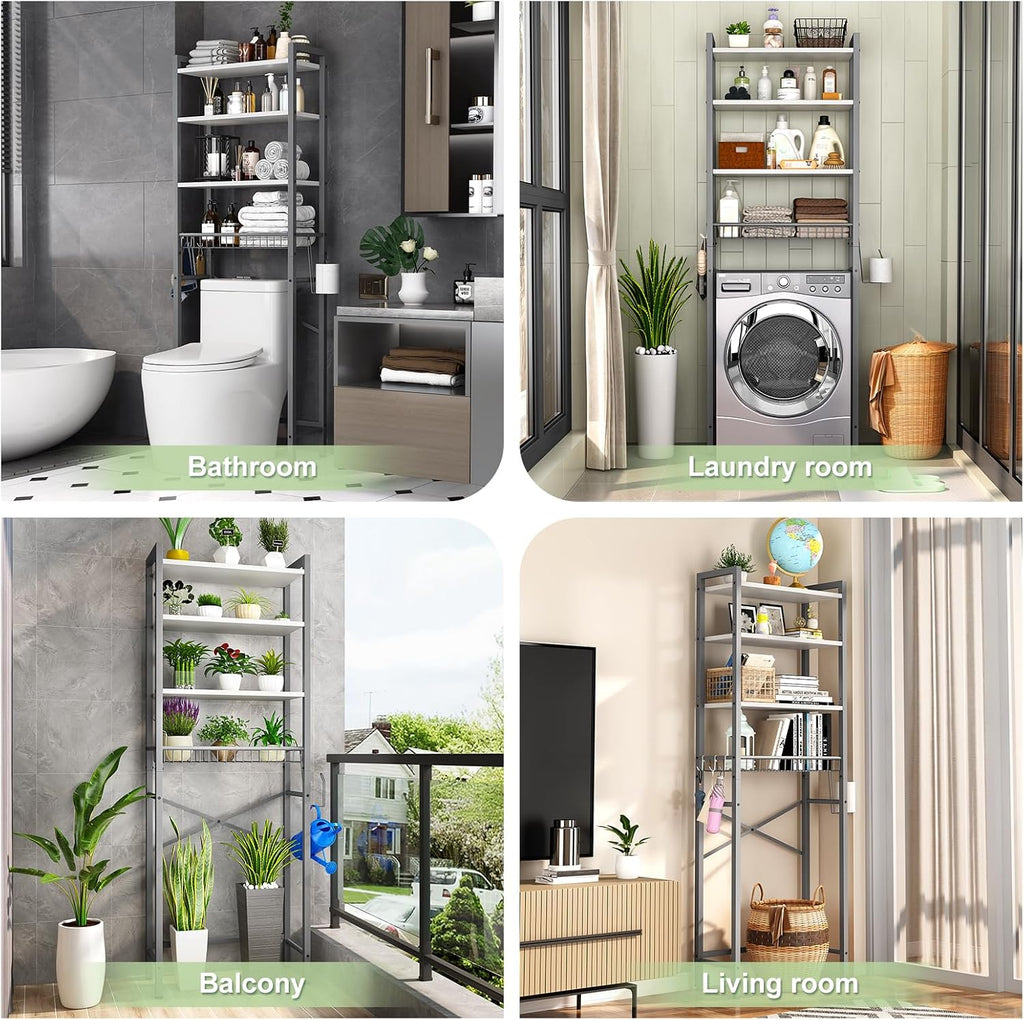 Kalrin Over-The-Toilet Storage Rack, 4-Tier Bathroom Organizer Shelf Over Toilet with Adjustable Shelf and Basket, Freestanding Space Saver Bathroom Shelves Above Toilet for Room (Gray- White)