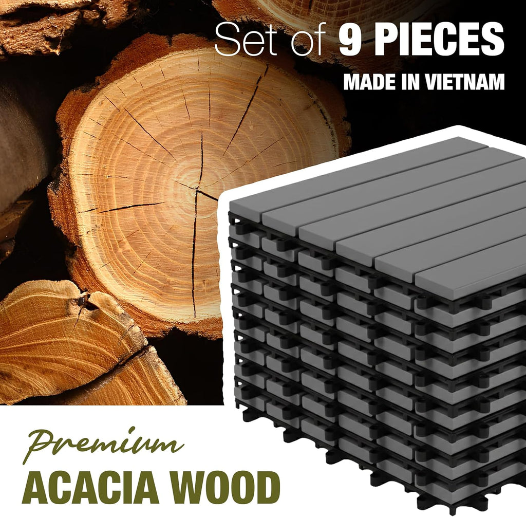Acacia Interlocking Deck Tiles, 12in, 9PCS Outdoor Flooring
