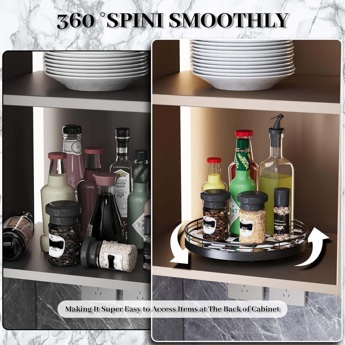 10.2-Inch Black and White Checkerboard Lazy Susan with Oak Base