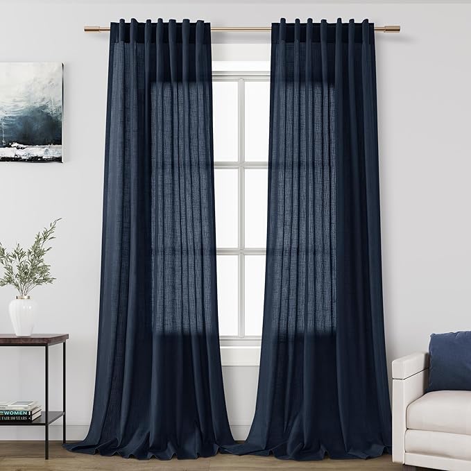 Linen Navy Blue Curtains 108 inch Extra Long by Nanspring