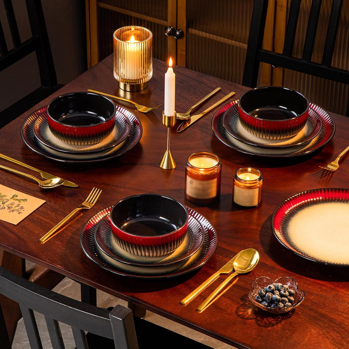 vancasso 12-Piece Red Ceramic Dinnerware Sets Plates and Bowls Sets for 4
