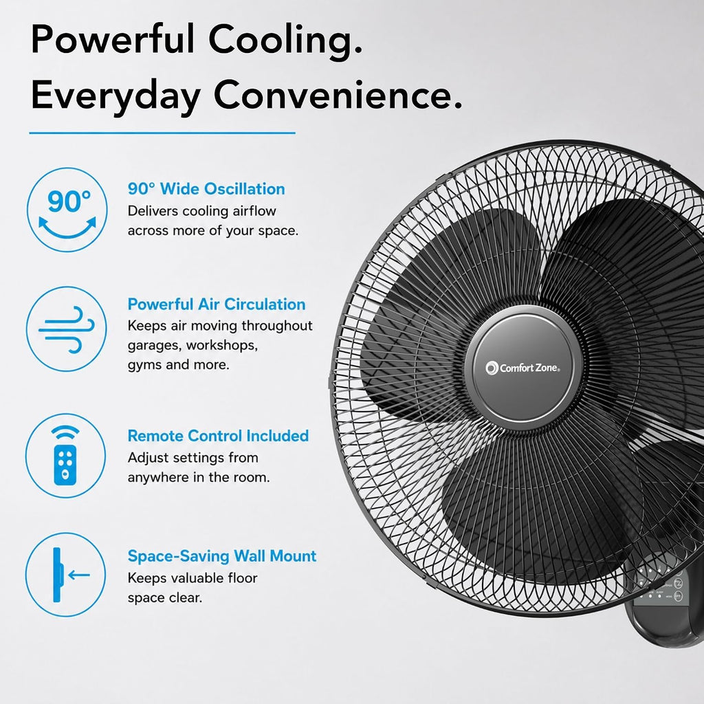 COMFORT ZONE 16" Oscillating Wall Mount Fan with Remote & Timer - Black