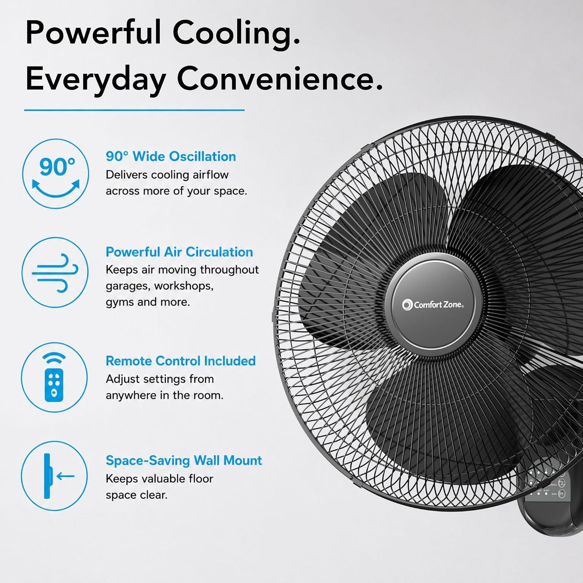 COMFORT ZONE 16" Oscillating Wall Mount Fan with Remote & Timer - Black