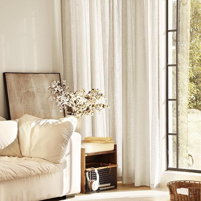 Faux Linen Beige Curtains 108 inches Long - Image 5