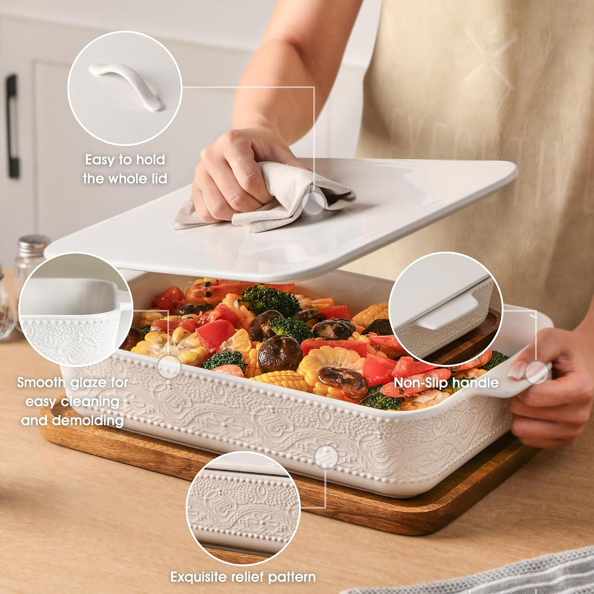 Casserole Dish with Lid, Ceramic 9x13 Casserole Dish for Oven, Rectangular Bakeware, Large Baking Dish with Handles for Holiday Cooking, Roasting, Baking, Oven & Microwave Safe (White)