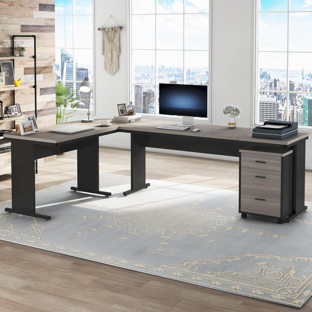 Tribesigns 83" L-Shaped Executive Desk, Large Office Desk with Drawes, Industrial Corner Computer Table with File Cabinet, Business Workstation for Home Office (Gray, 83")