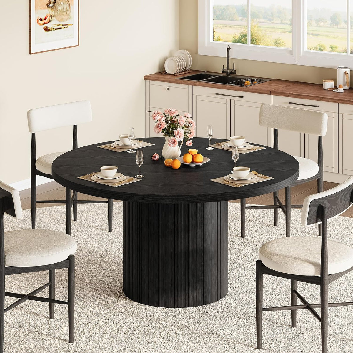 ComfyCorner 47" Round Dining Table, Circle Fluted Kitchen Table Only Black
