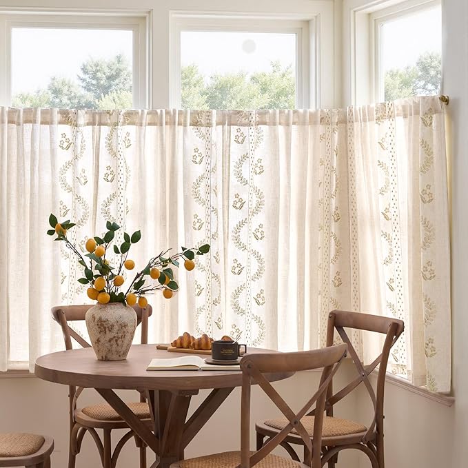 jinchan Belrose Linen Floral Cafe Curtains 45 Inch Length Embroidered Farmhouse - Image 3